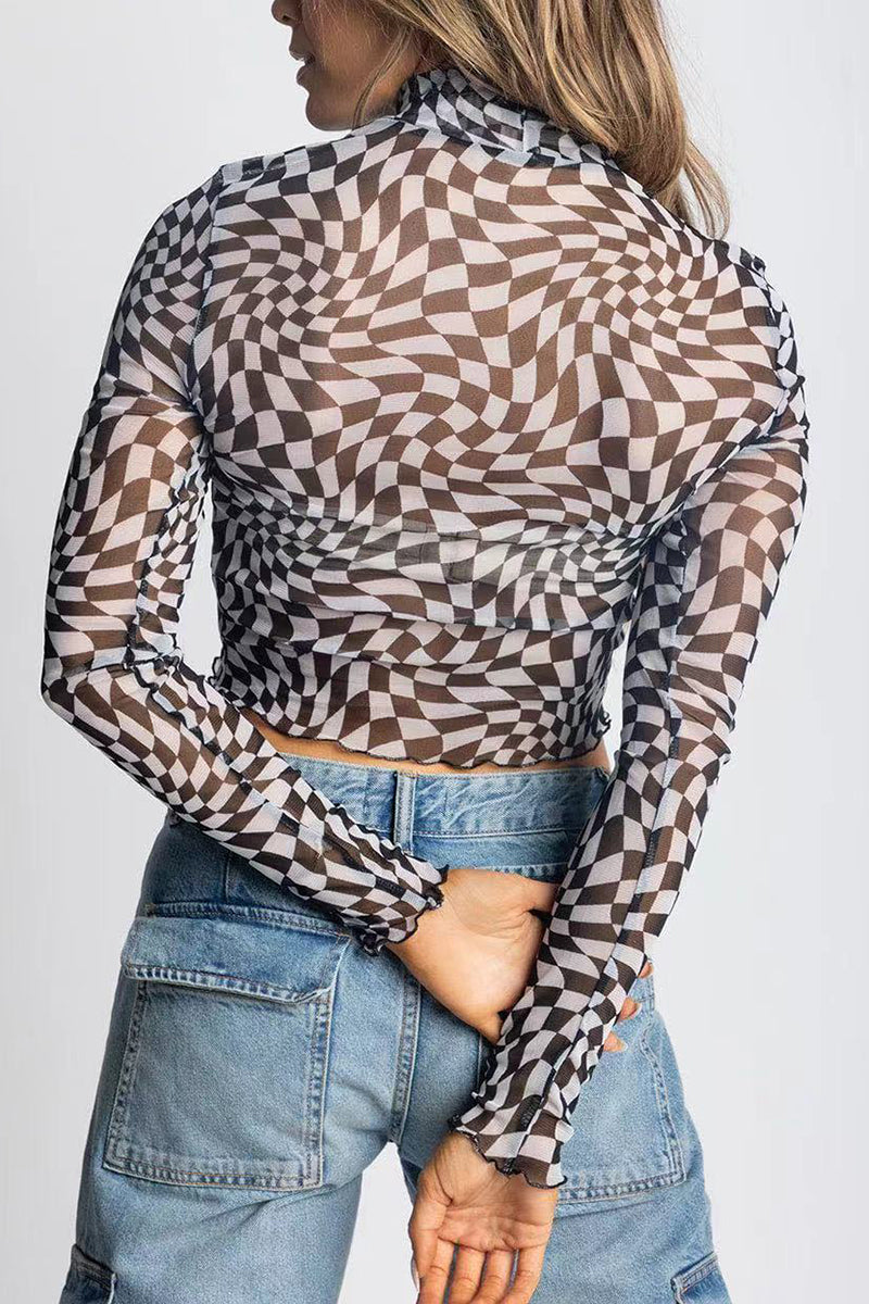 Geometric Print Mesh Long Sleeve Top