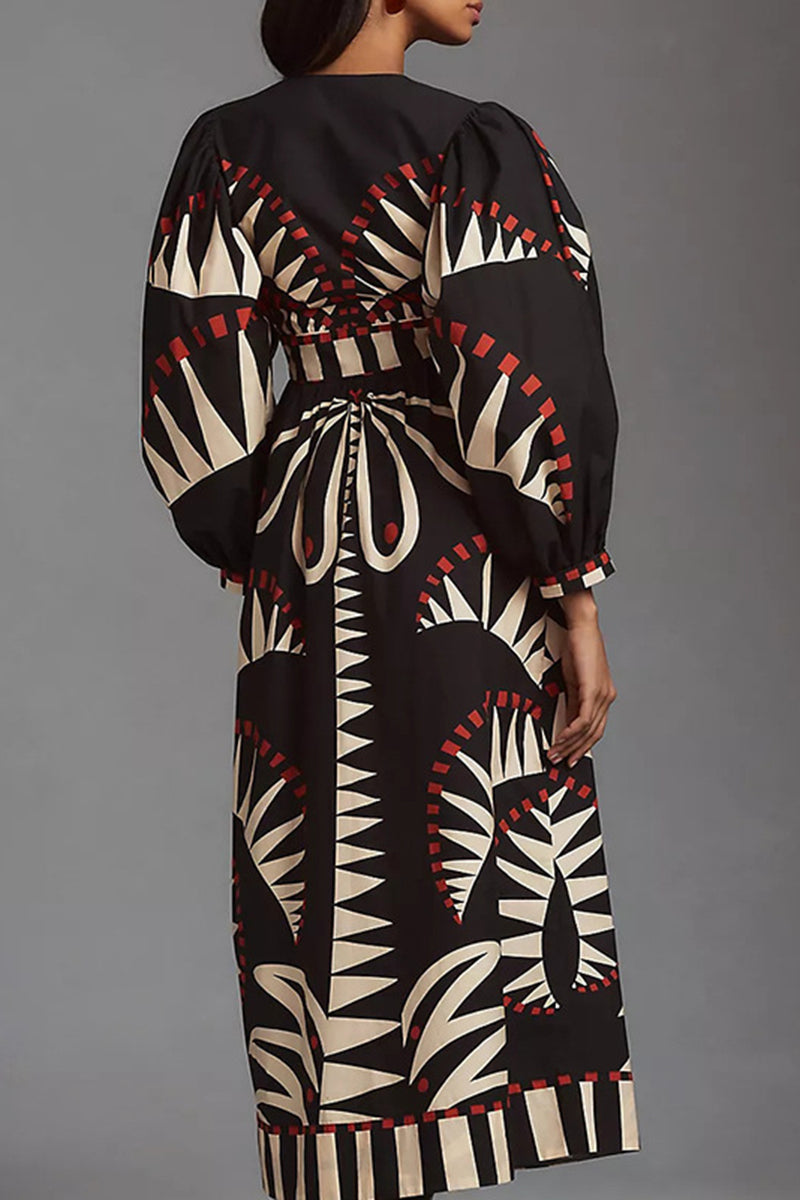 Geometric Pattern Dress with Balloon Sleeves