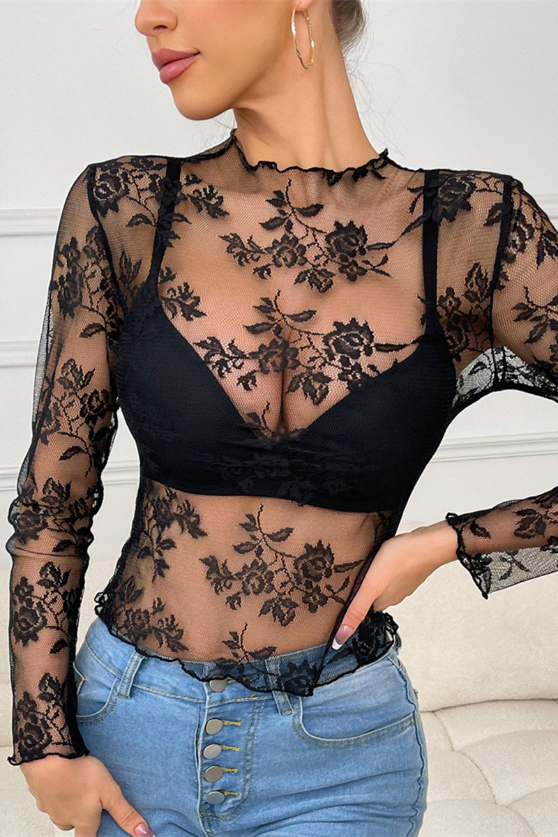 Sheer Lace Mesh Long-Sleeve Top