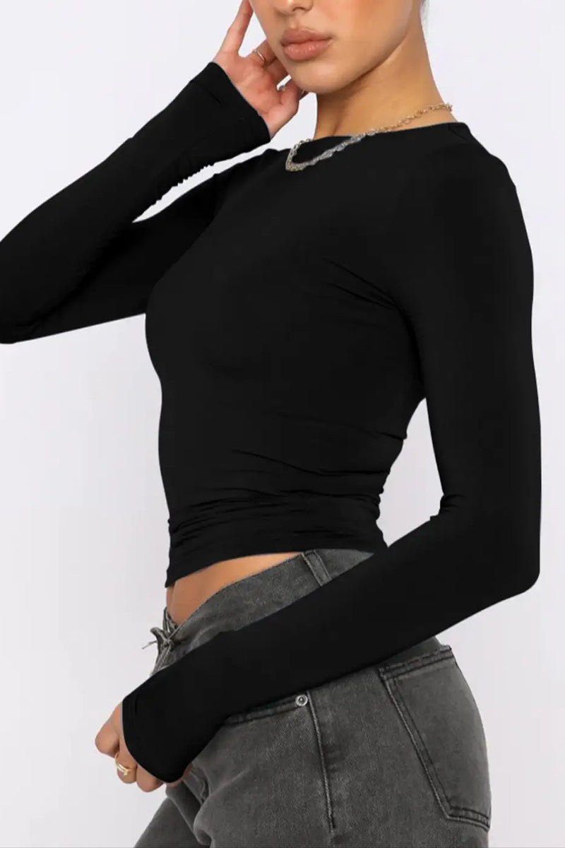 Long Sleeve Ruched Fitted Crop Top