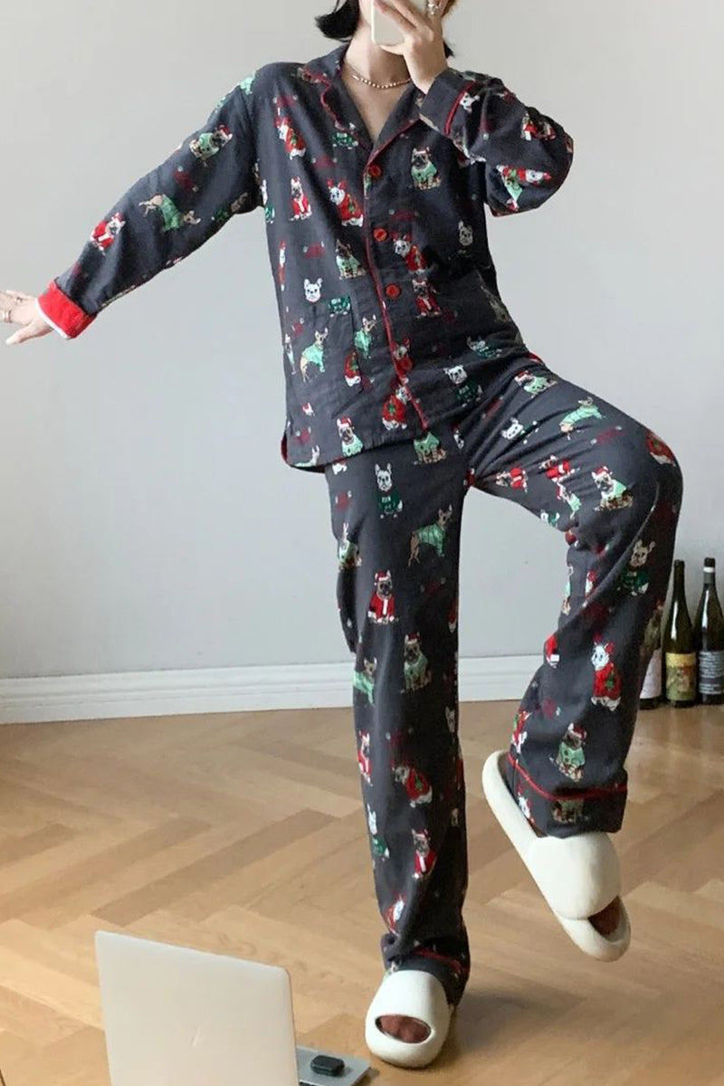 Festive Print Pajama Set with Button-Up Top