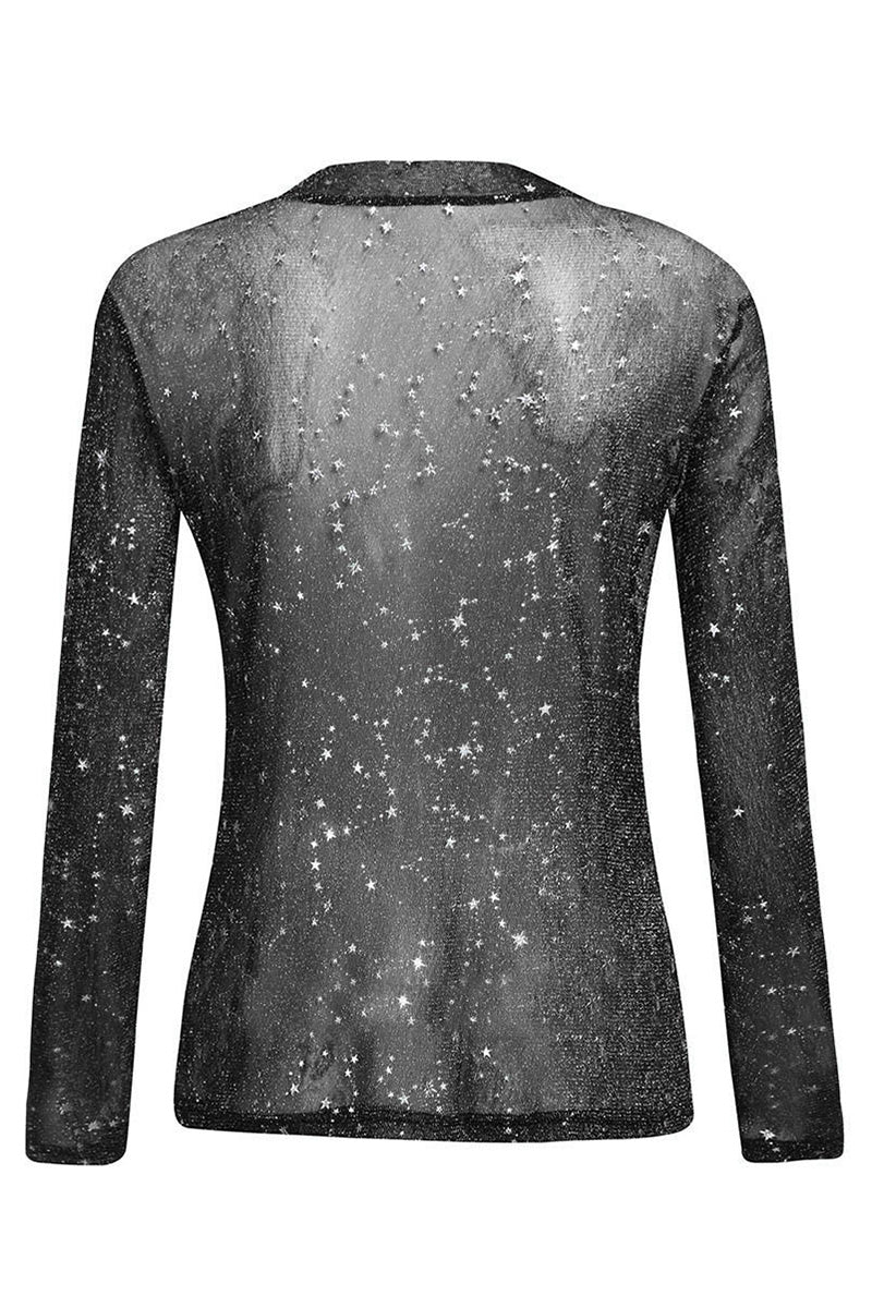 Sheer Star-Patterned Mock Neck Top