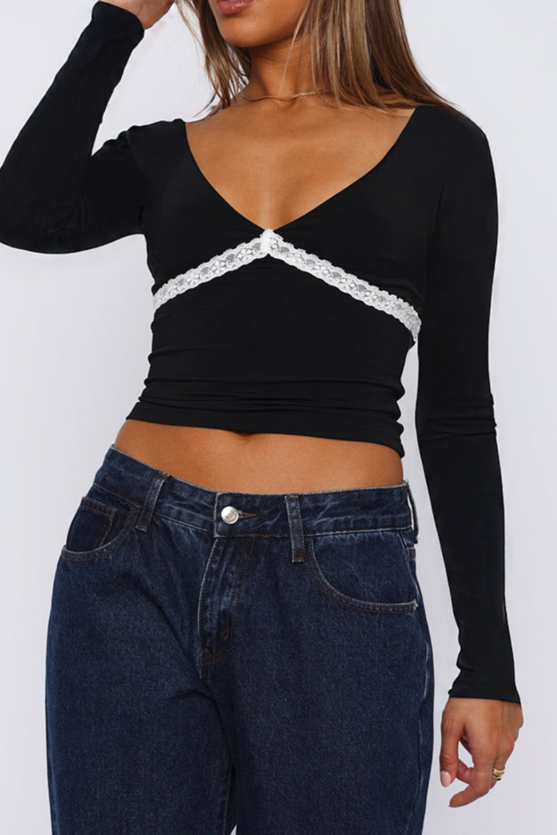 Lace Trim Plunge Crop Top