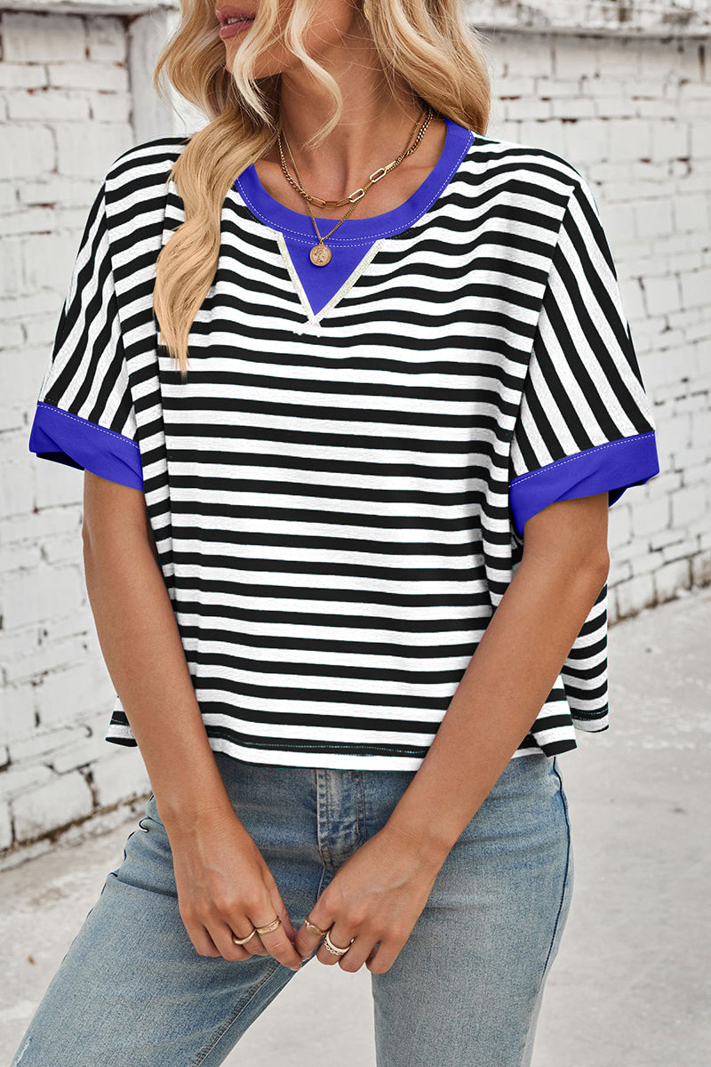 Striped Batwing Sleeve Contrast Trim Top