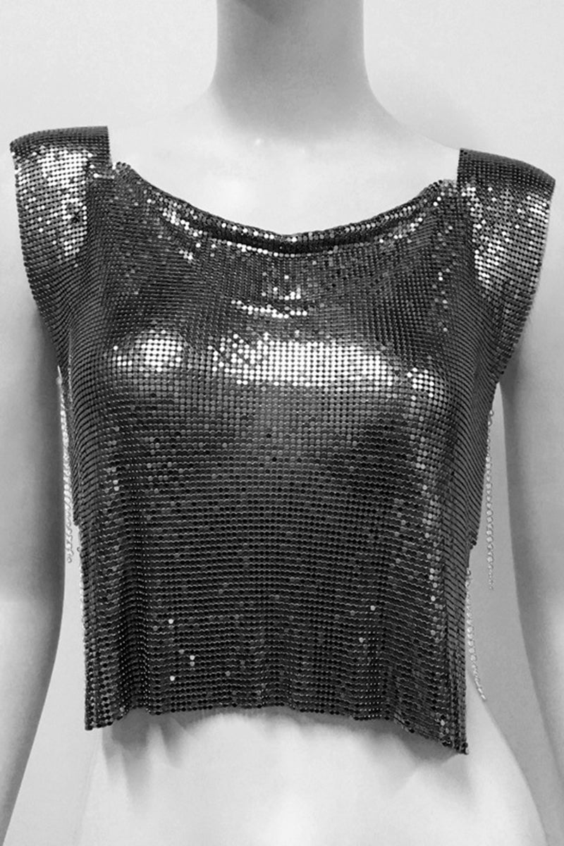 Chain Embellished Metallic Crop Top