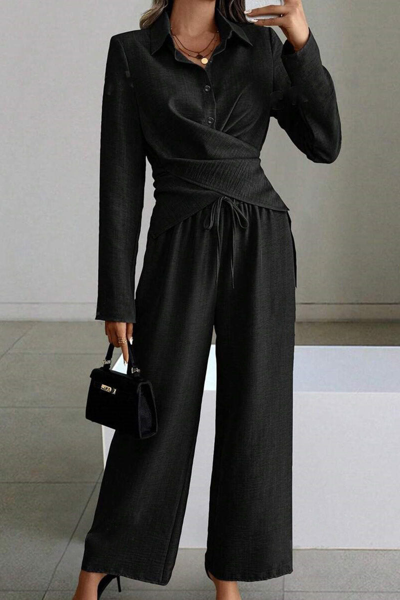 Collared Wrap-Effect Blouse and Pants Set