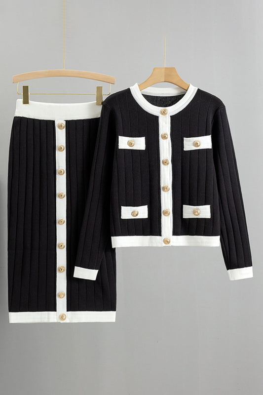 Ribbed Knit Cardigan and Skirt Set