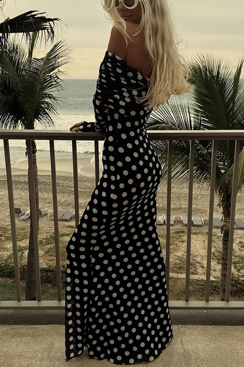 Off-Shoulder Polka Dot Maxi Dress