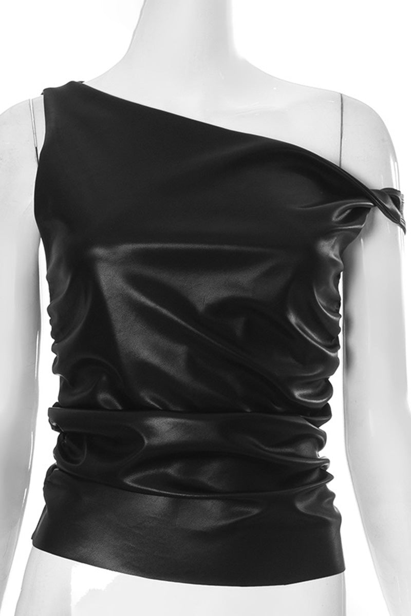 Asymmetric Cropped Faux Leather Top