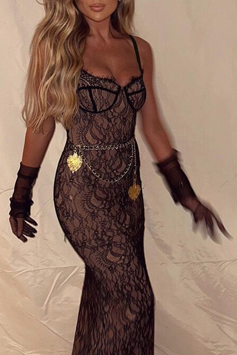 Sheer Lace Fitted Maxi Dress