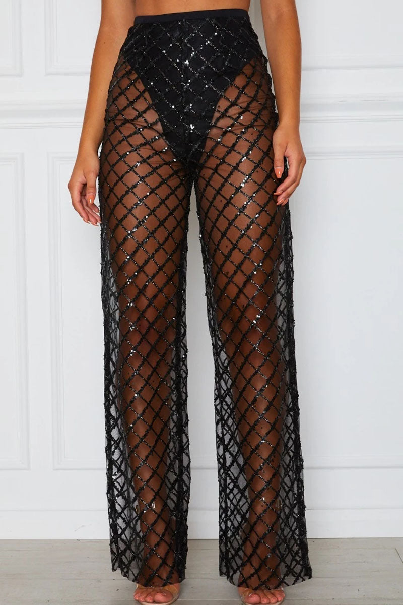 Sheer Rhinestone Embellished Wide Leg Pants