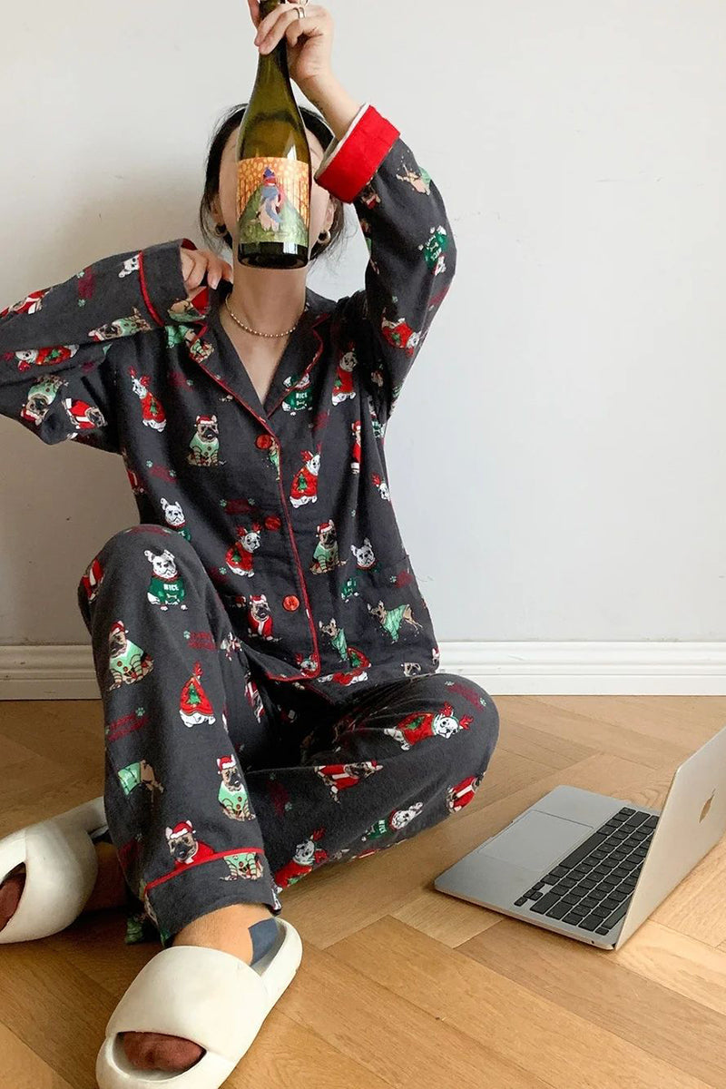 Festive Print Pajama Set with Button-Up Top