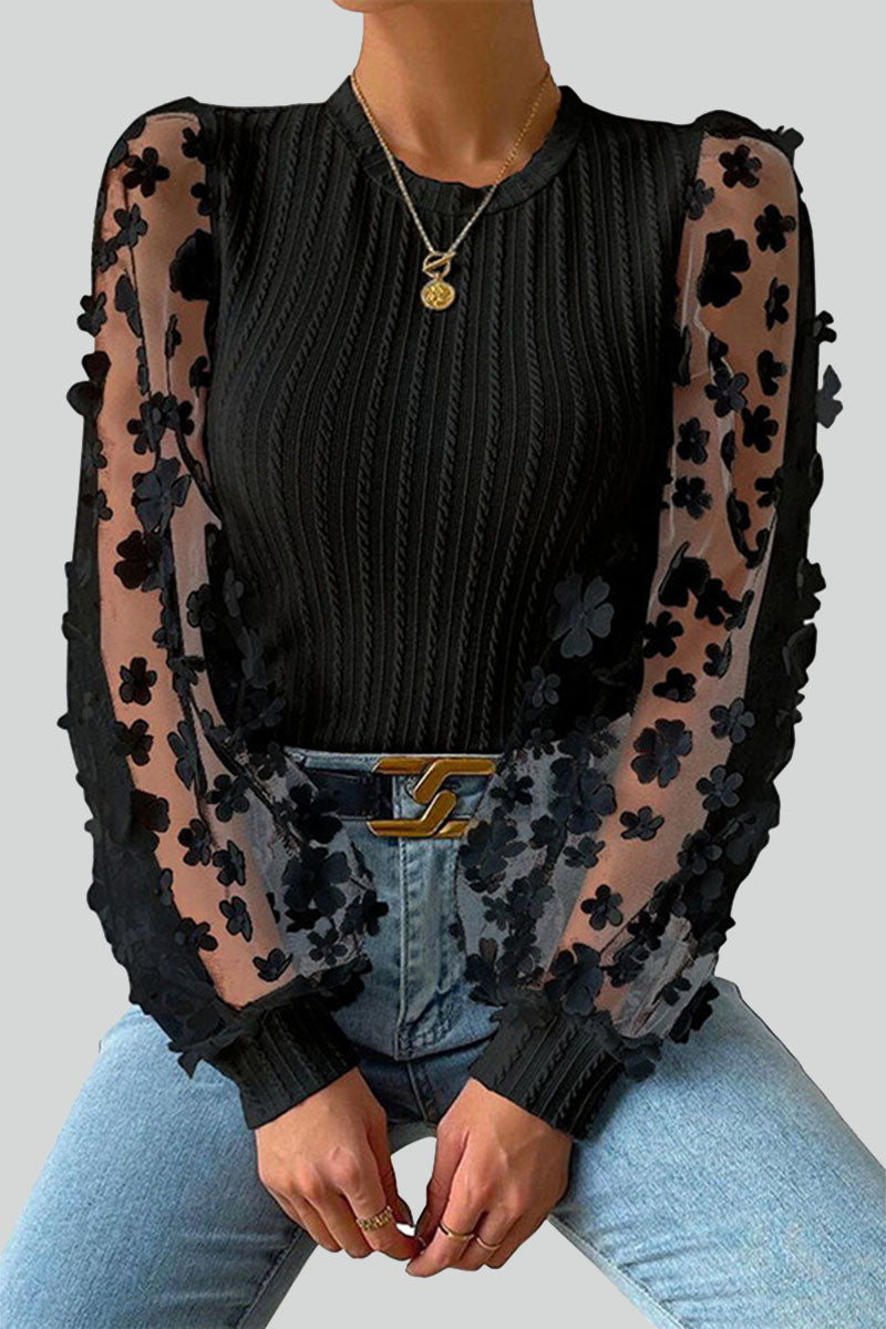 Floral Mesh Puff Sleeve Knit Top