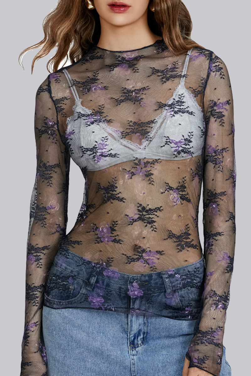 Sheer Floral Long-Sleeve Mesh Top