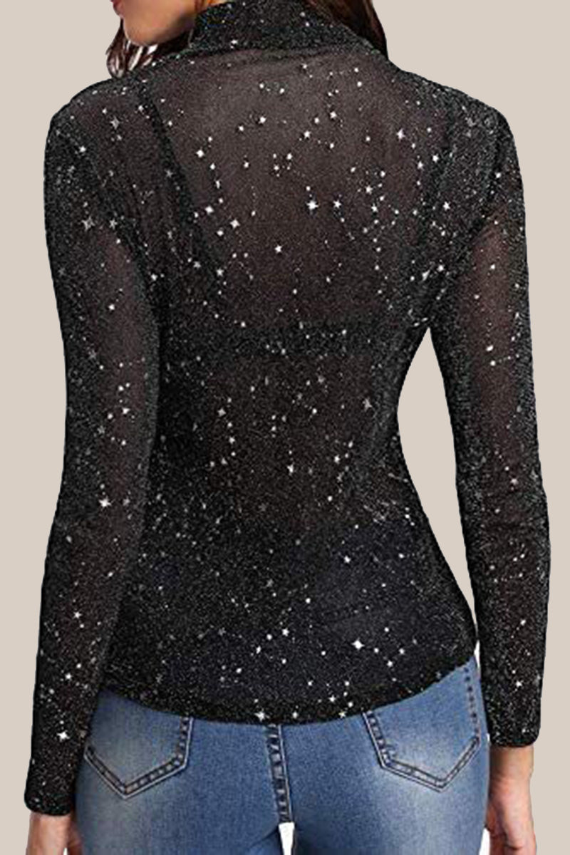 Sheer Star-Patterned Mock Neck Top