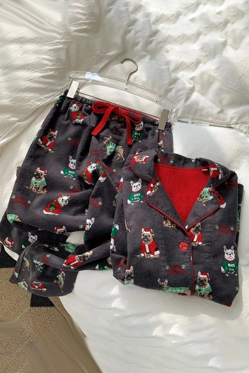 Festive Print Pajama Set with Button-Up Top