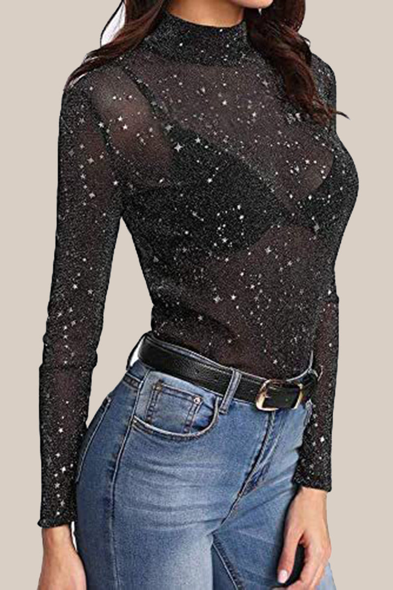 Sheer Star-Patterned Mock Neck Top