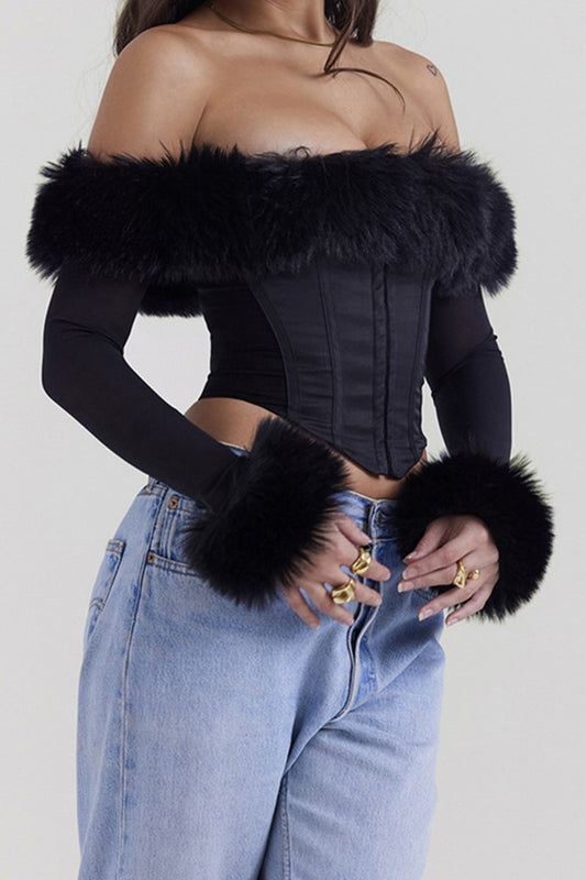 Off-Shoulder Corset Top with Fur Trim