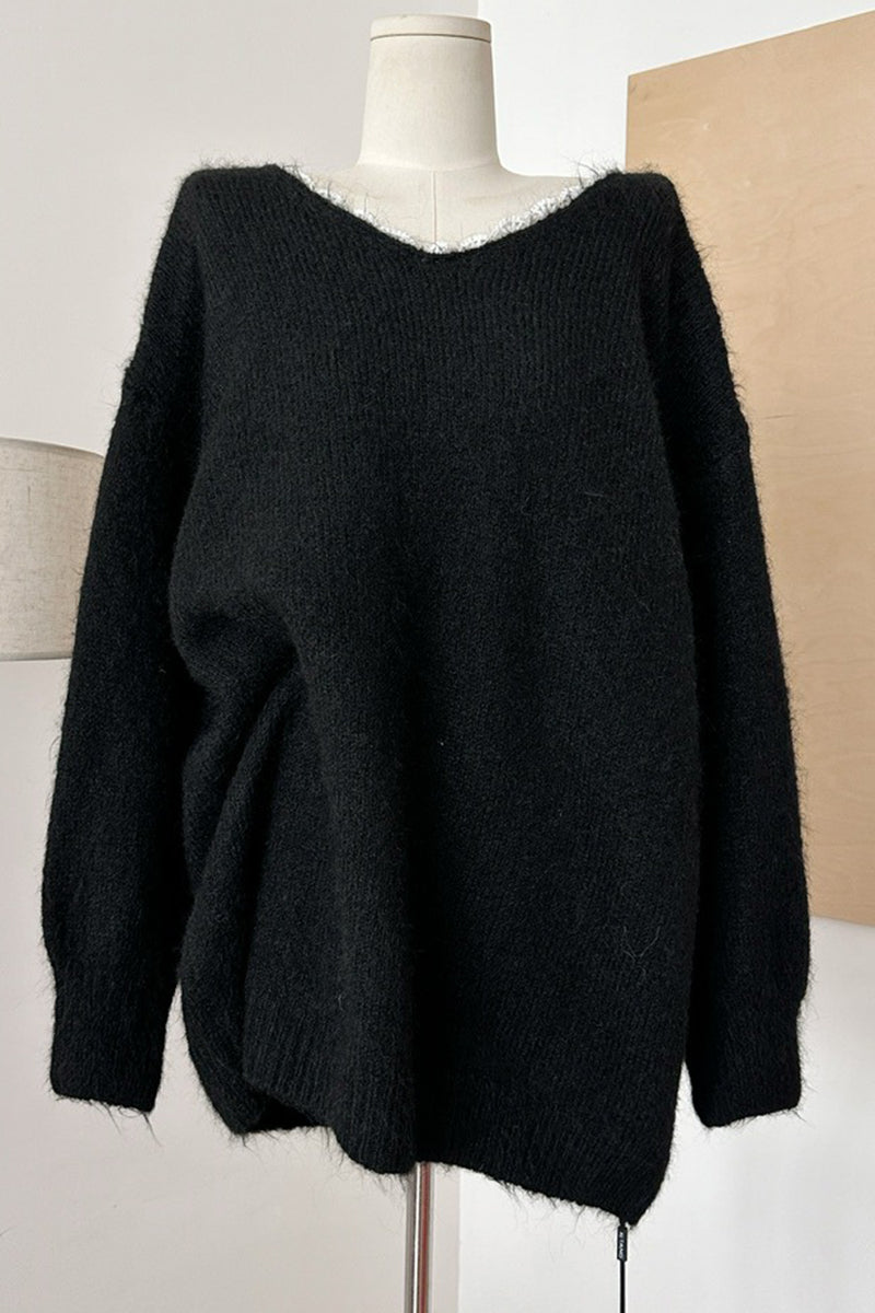 V-Neck Knit Sweater with Bow Detail