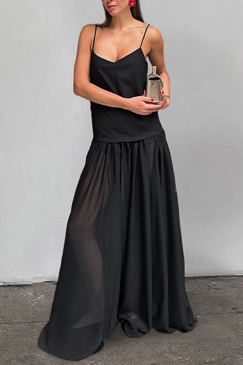 Sheer Layered Spaghetti Strap Maxi Dress