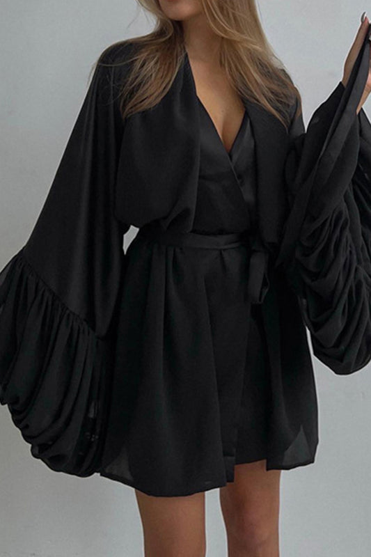 Ruched Sleeve Wrap Dress with Scarf