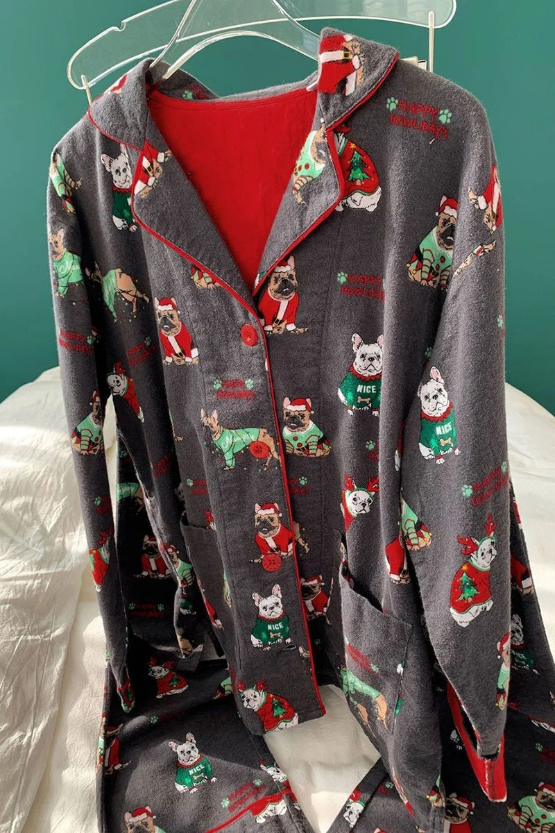 Festive Print Pajama Set with Button-Up Top