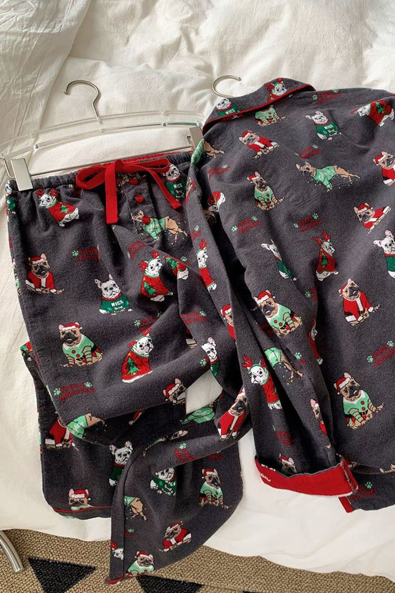 Festive Print Pajama Set with Button-Up Top