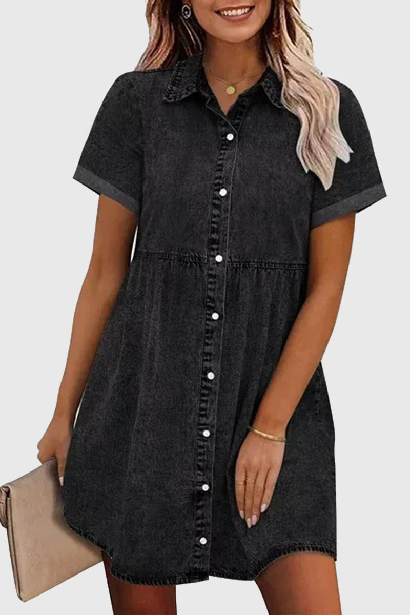 Short-Sleeve Denim Button-Up Dress