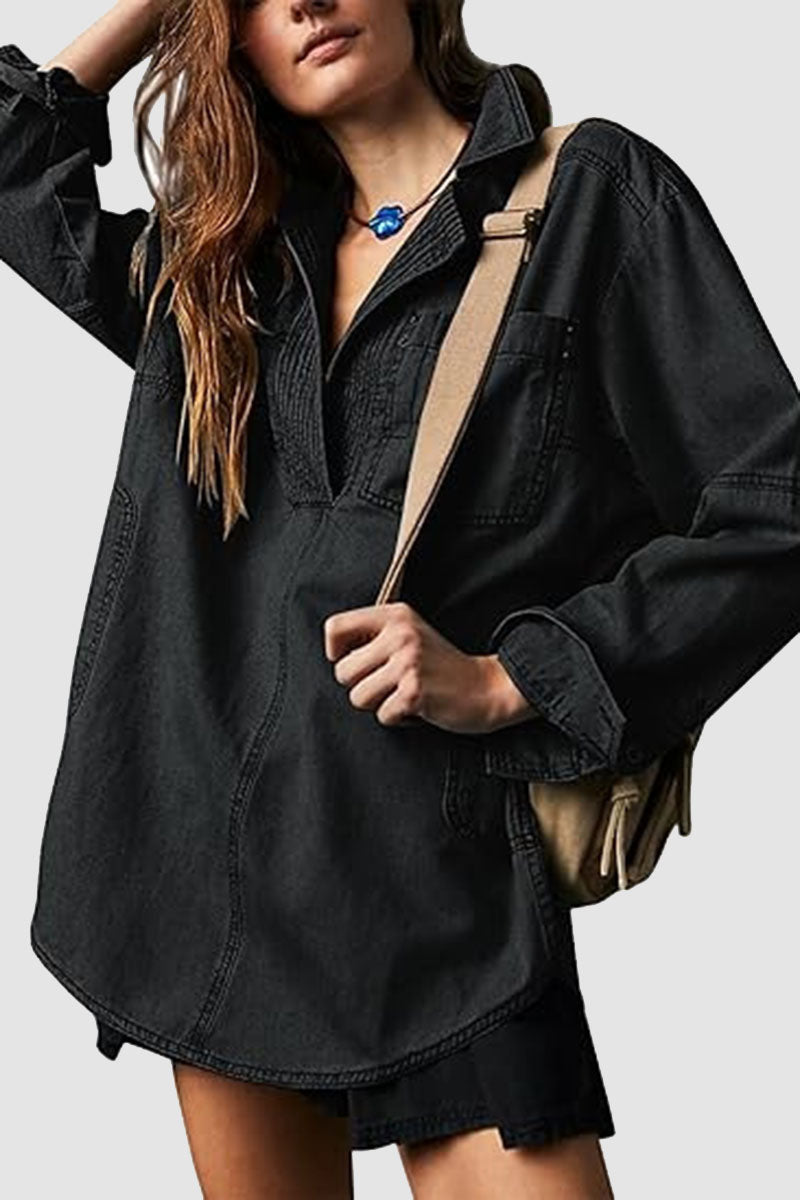 Oversized Denim Button-Up V-Neck Shirt