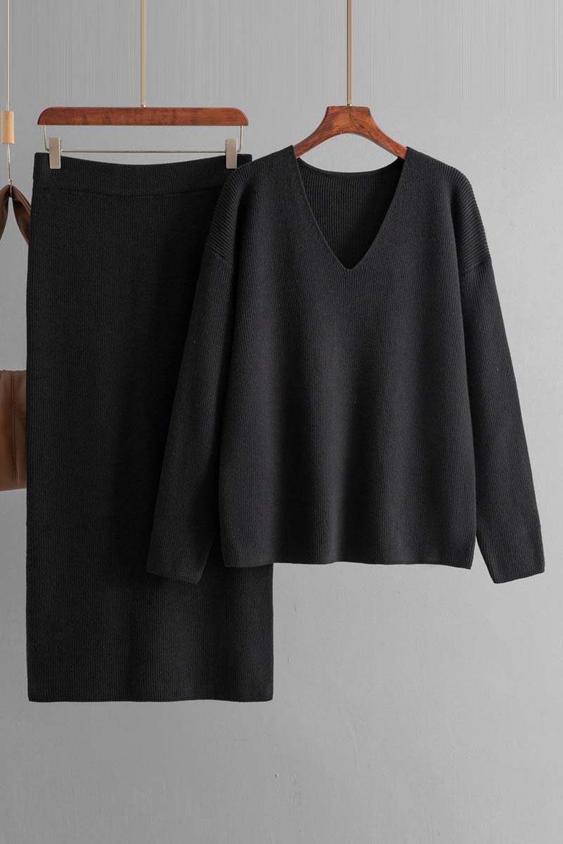 V-Neck Knit Top with Skirt Set