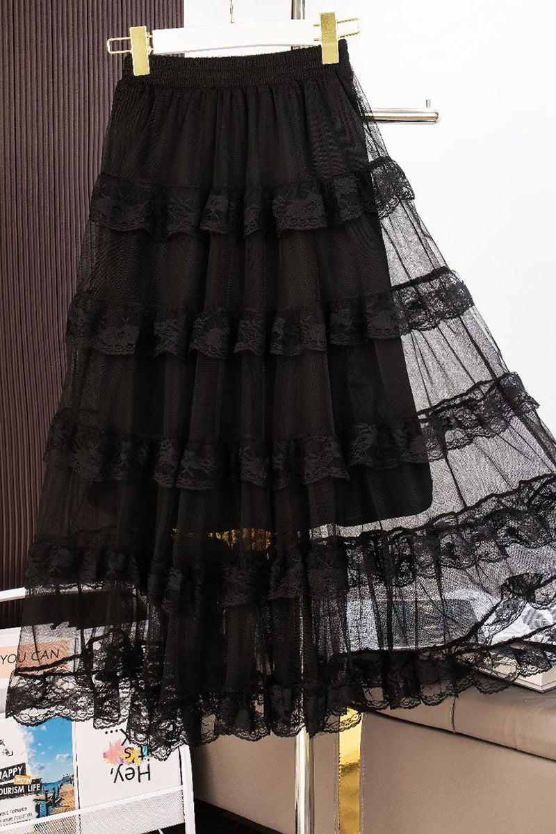 Tiered Mesh Lace Midi Skirt