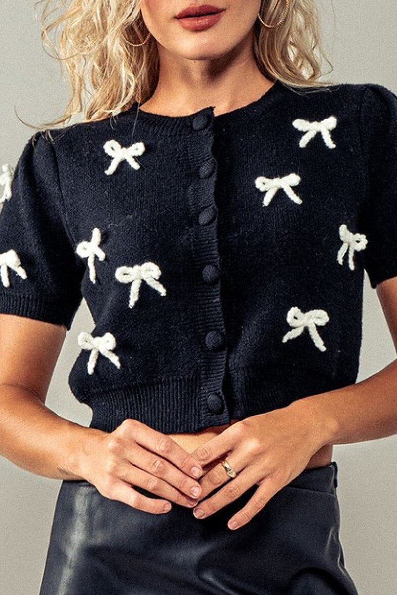 Bow Embellished Button-Up Cardigan