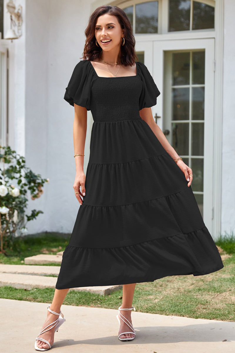 Puff Sleeve Open-Back Midi Dress