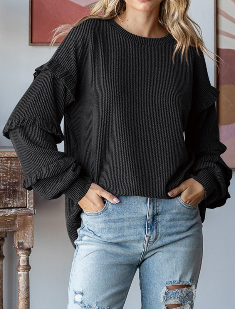 Balloon Sleeve Round Neck Pullover Top