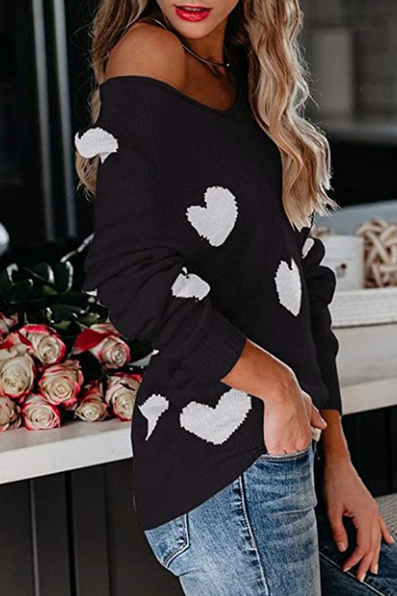 Off-Shoulder Heart Knit Sweater