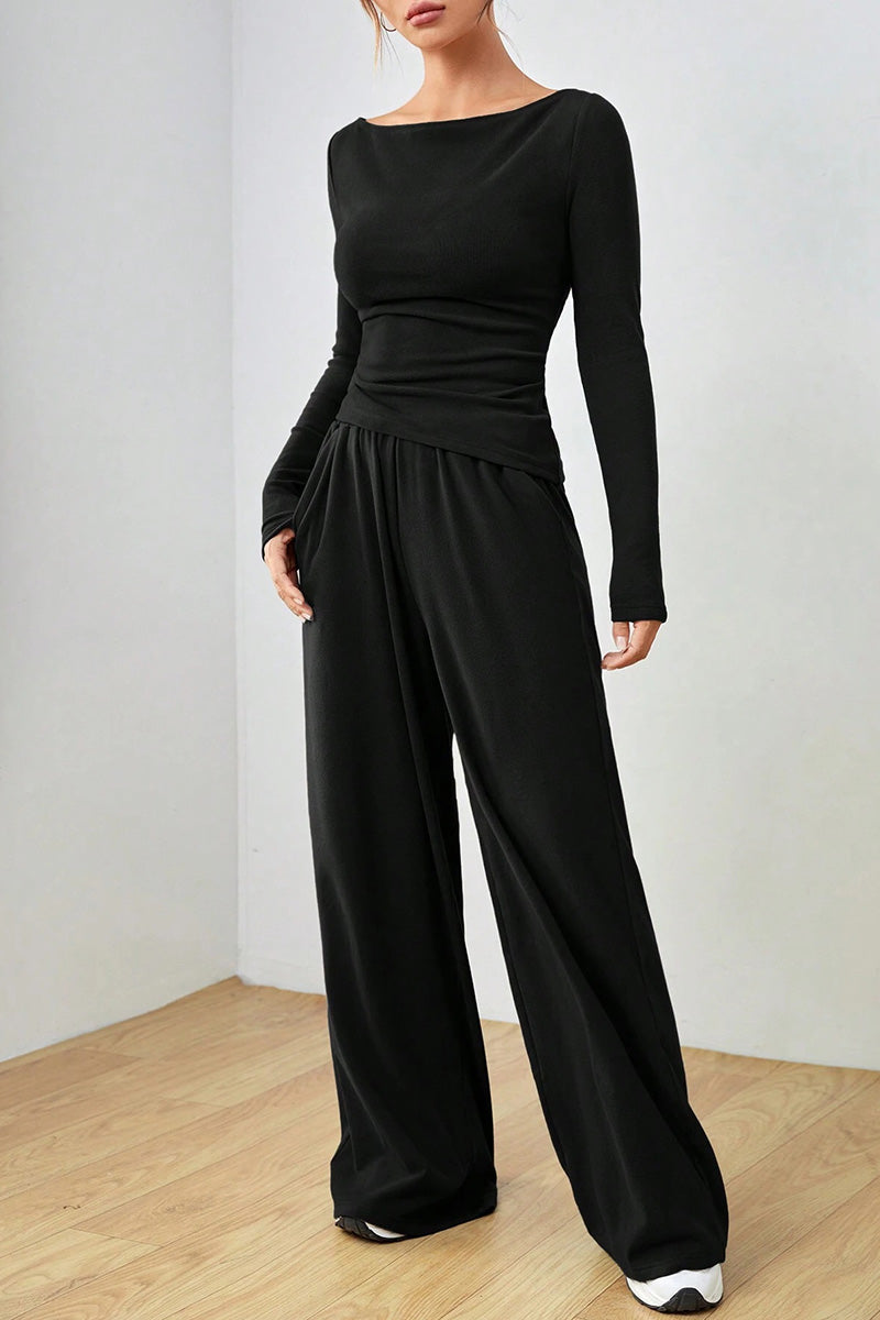 Long Sleeve Top and Wide-Leg Pants Set