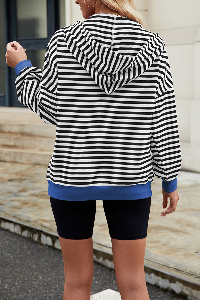 Striped Hooded Contrast Pocket Sweatshirt