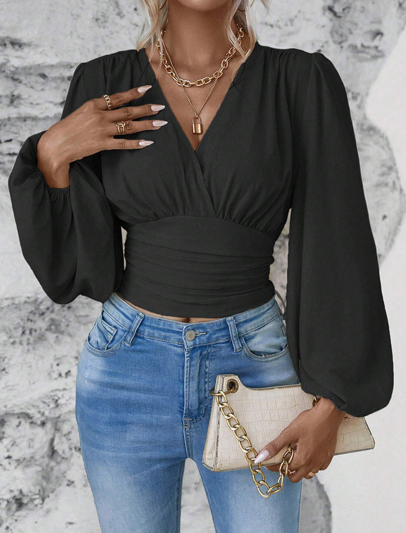 Ruched V-Neck Puff Sleeve Blouse