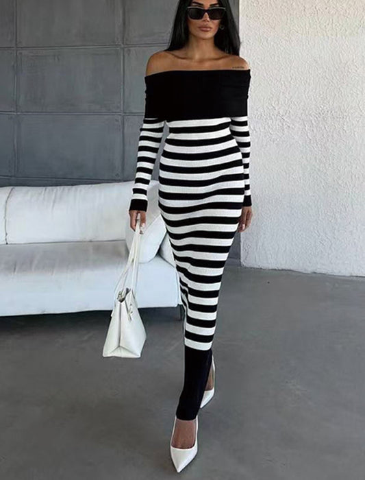 Off-Shoulder Striped Knit Dress