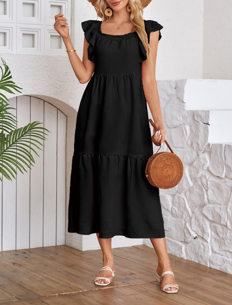 Ruffled-Sleeve Square Neck Midi Dress