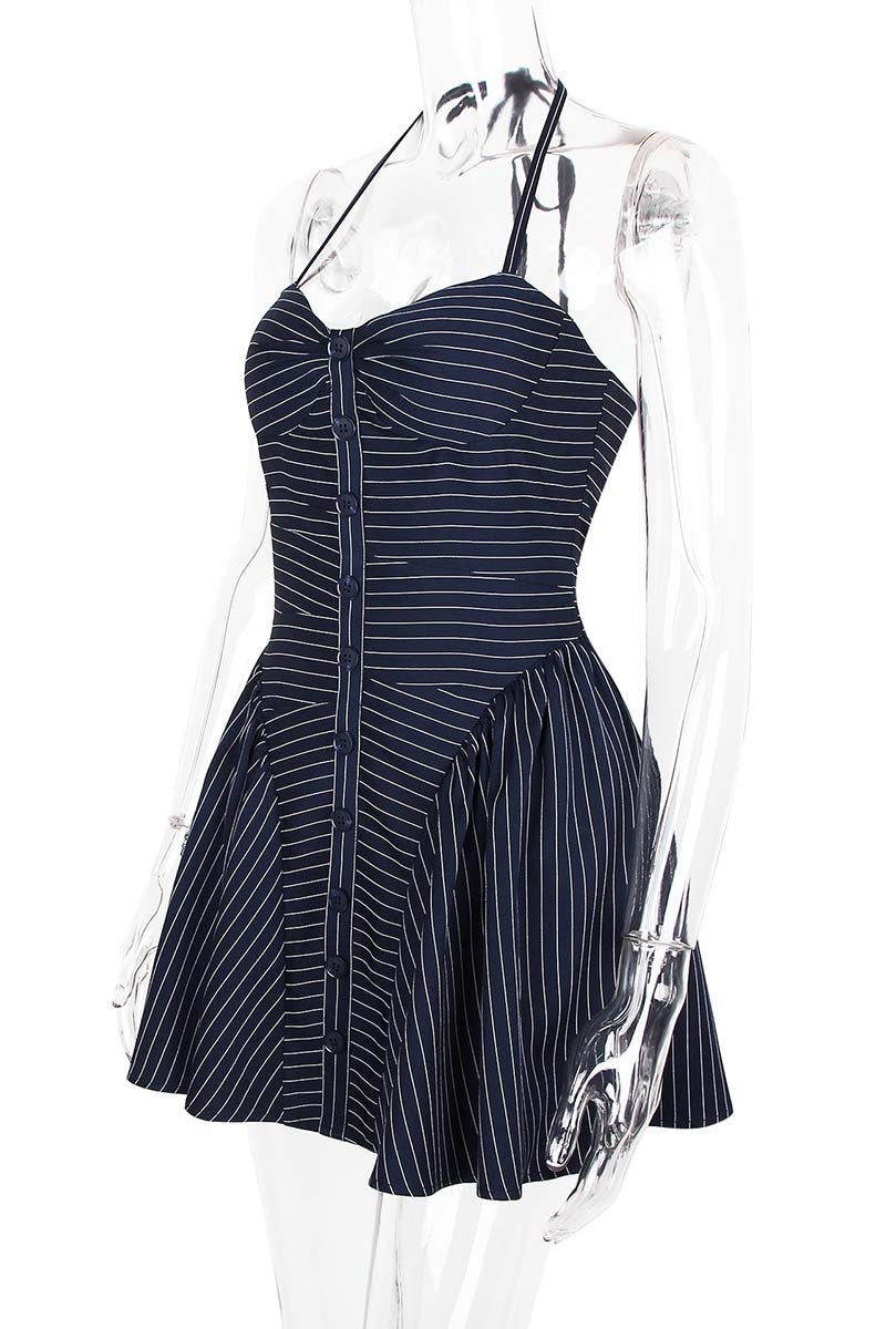 Halter-Neck Button-Up Pinstripe Mini Dress