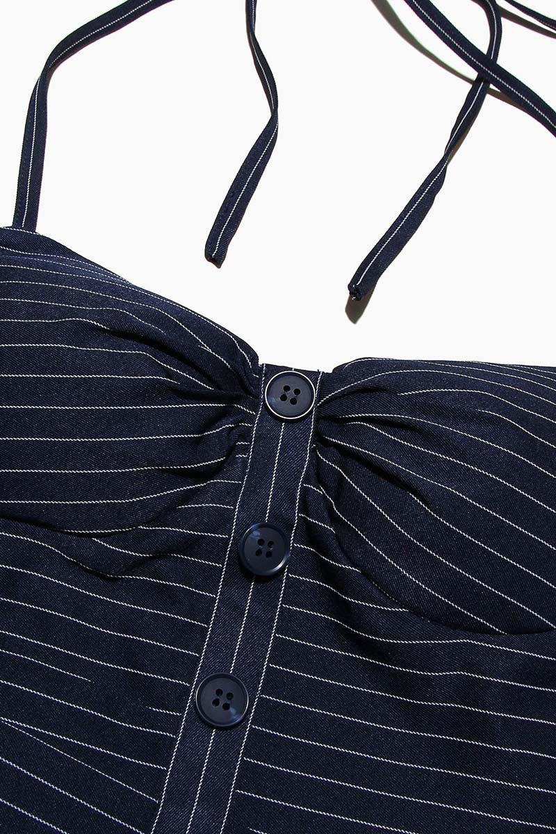 Halter-Neck Button-Up Pinstripe Mini Dress