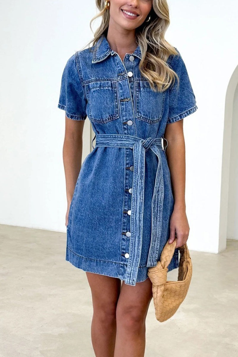 Short Sleeve Belted Denim Dress