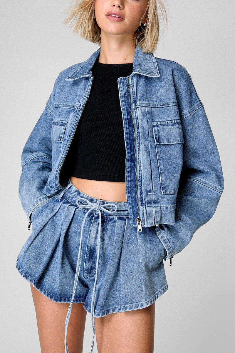 Loose Fit Denim Jacket with Shorts Set