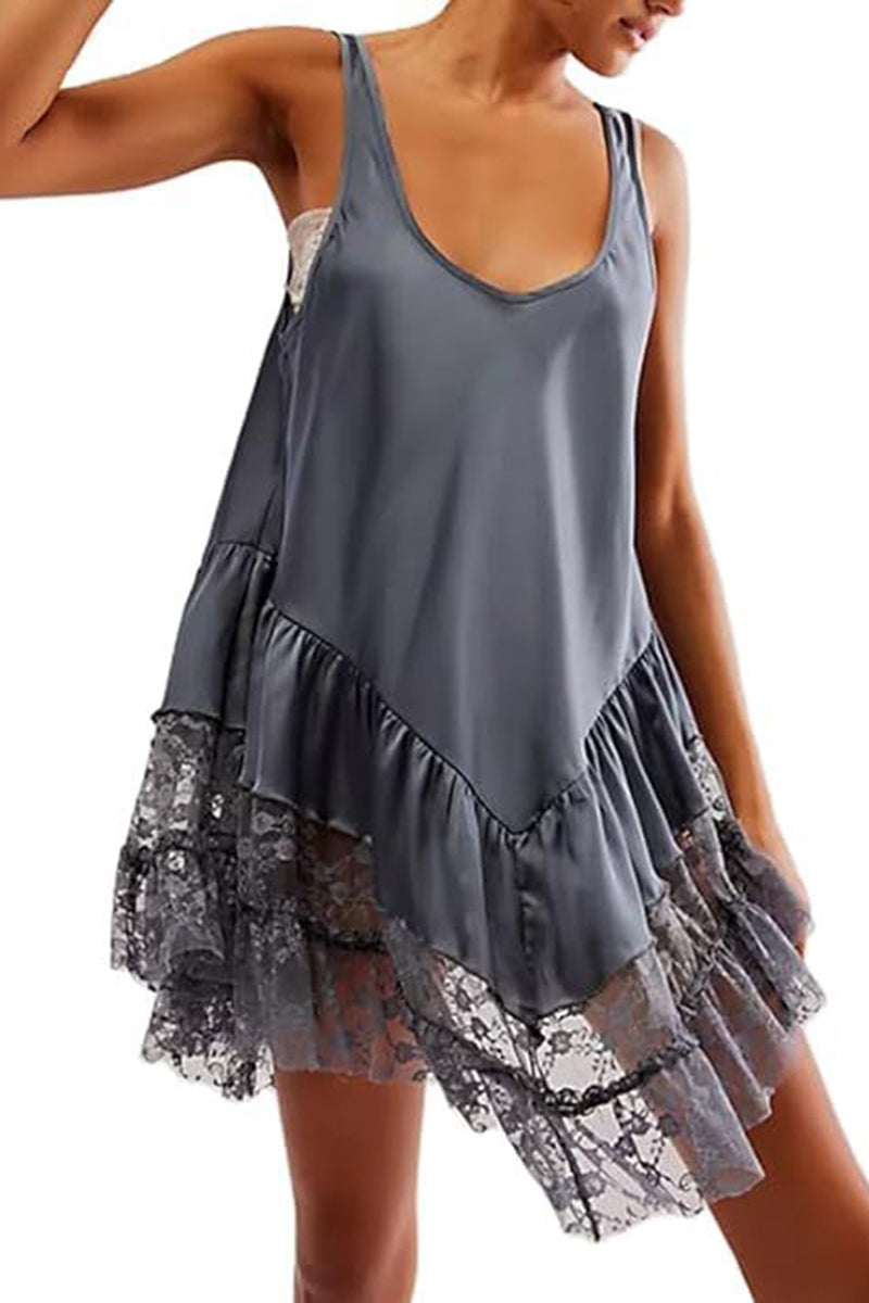 Lace-Hem U-Neck Mini Dress