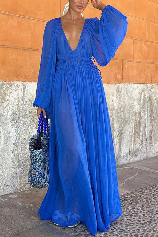 Plunge Neck Maxi Dress with Balloon Sleeves