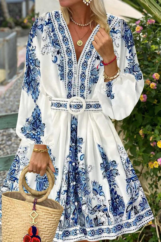 V-Neck Long Sleeve Boho Print Dress