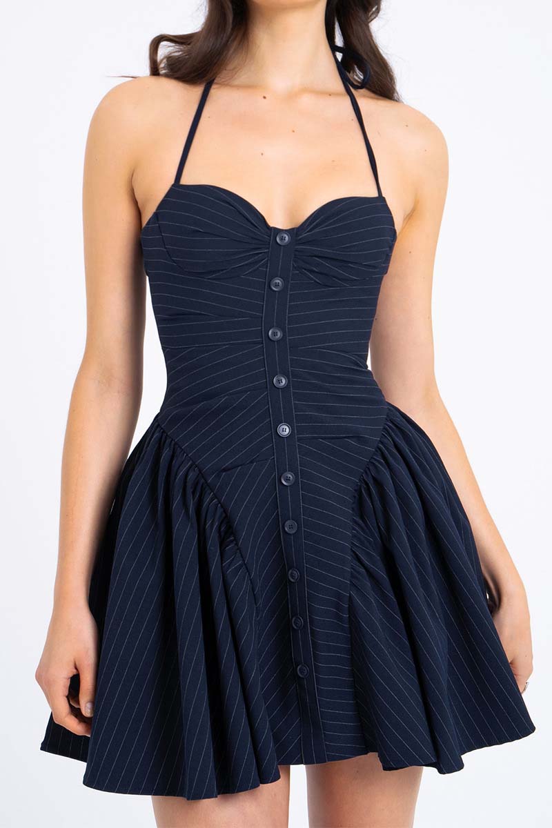 Halter-Neck Button-Up Pinstripe Mini Dress