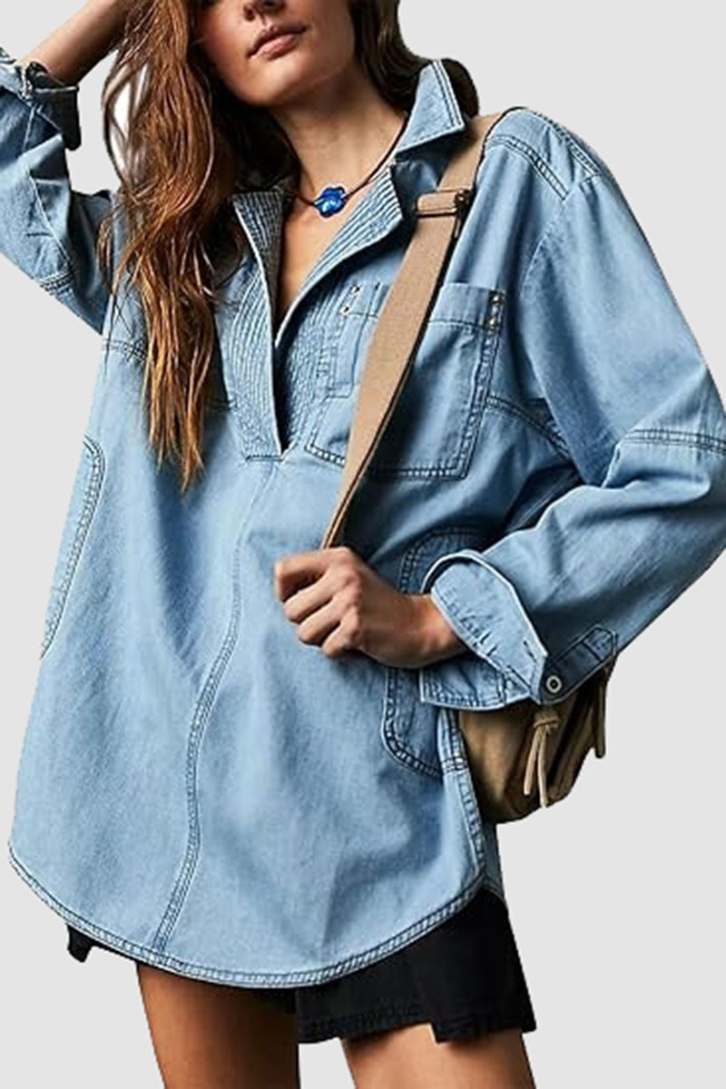 Oversized Denim Button-Up V-Neck Shirt