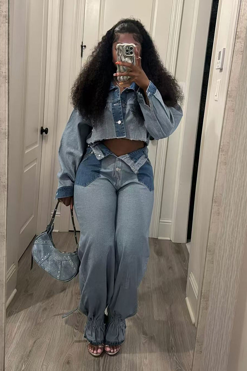 Two-Tone Denim Jacket and Pants Set